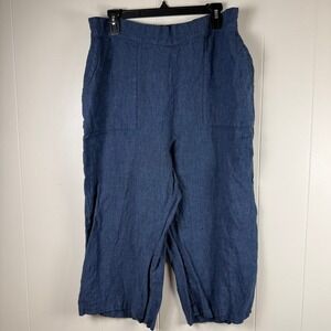 Flax 100% Linen Wide‎ Leg Cropped Pants Blue Size L Elastic Waist